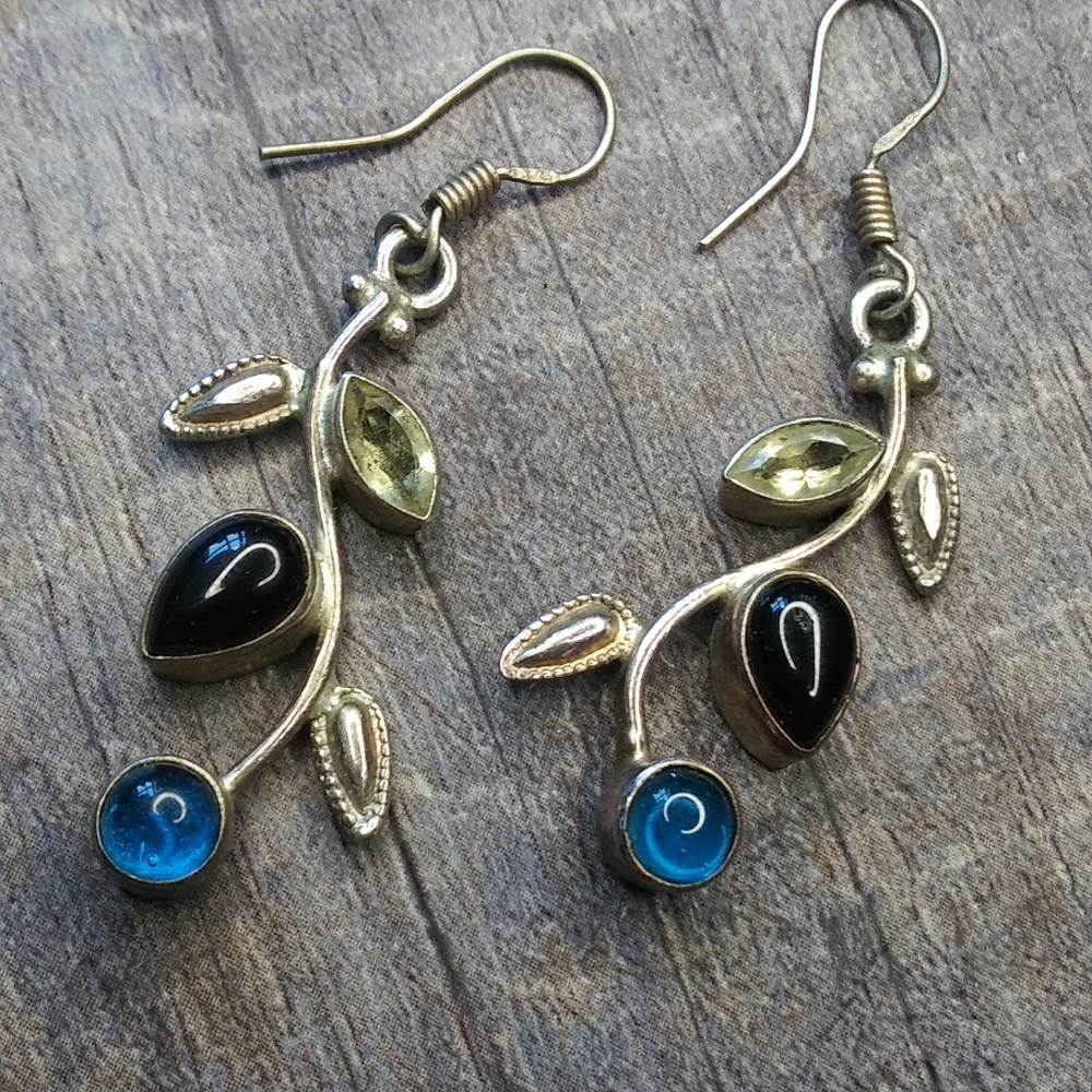 Artisan Sterling Silver Gemstone Floral Vine Earrings